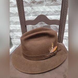 Vintage Schiaparelli Men's Brown Fedora Hat with Feather Accent